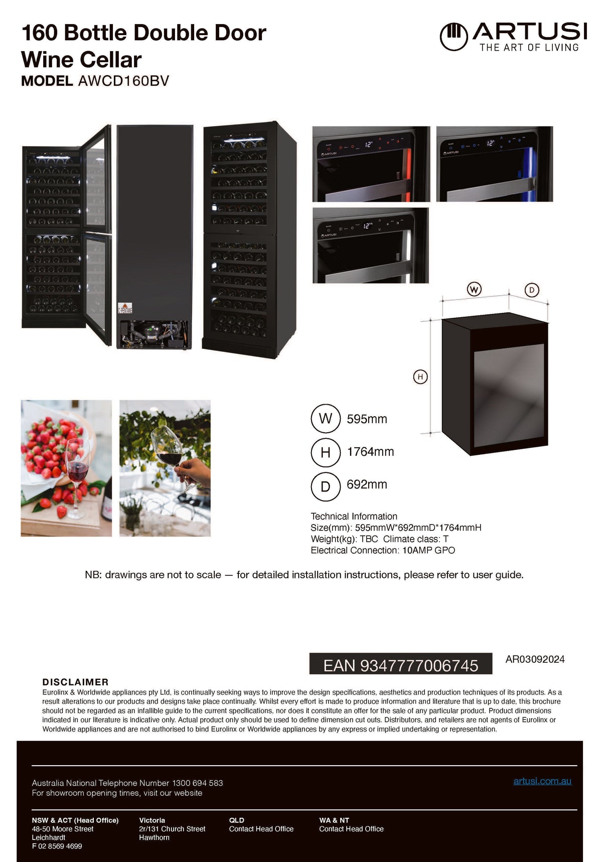 Artusi AWCD160BV Dual Zone Wine Cooler, 154 Bottle, Reversible Double Doors, Matte Black