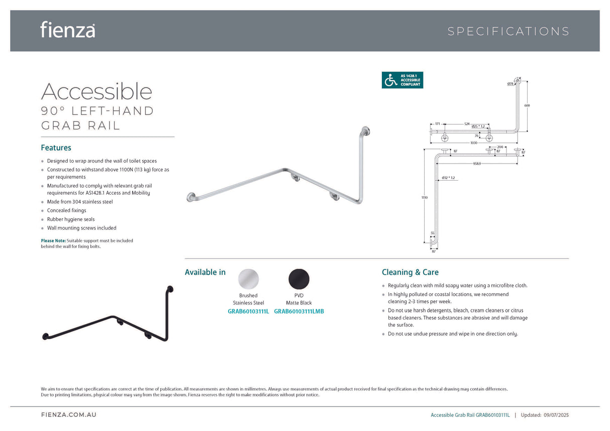 Fienza GRAB60103111L 90° Accessible Left-Hand Wrap Around Grab Rail, Stainless Steel