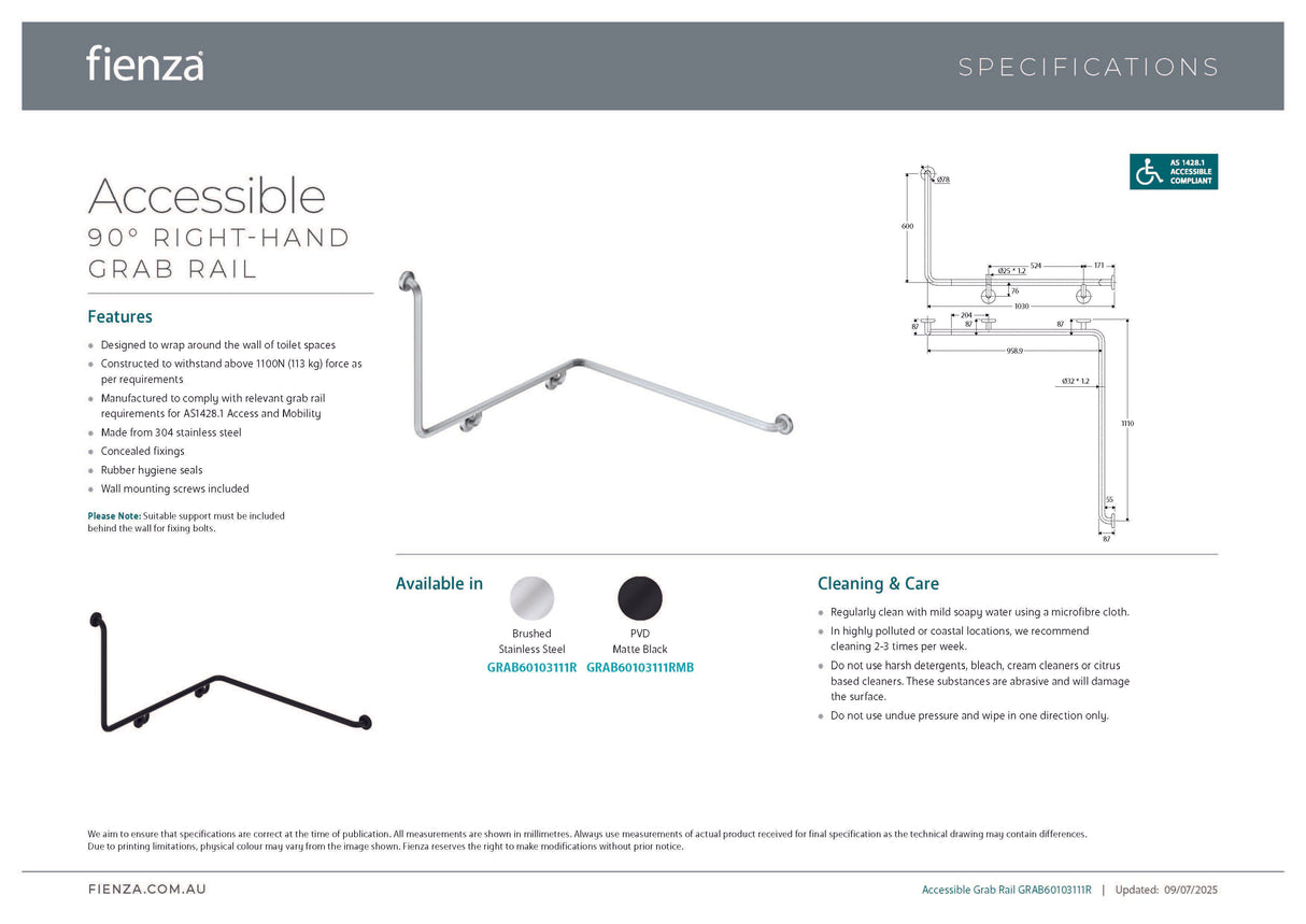 Fienza GRAB60103111RMB 90° Accessible Right-Hand Wrap Around Grab Rail, Matte Black