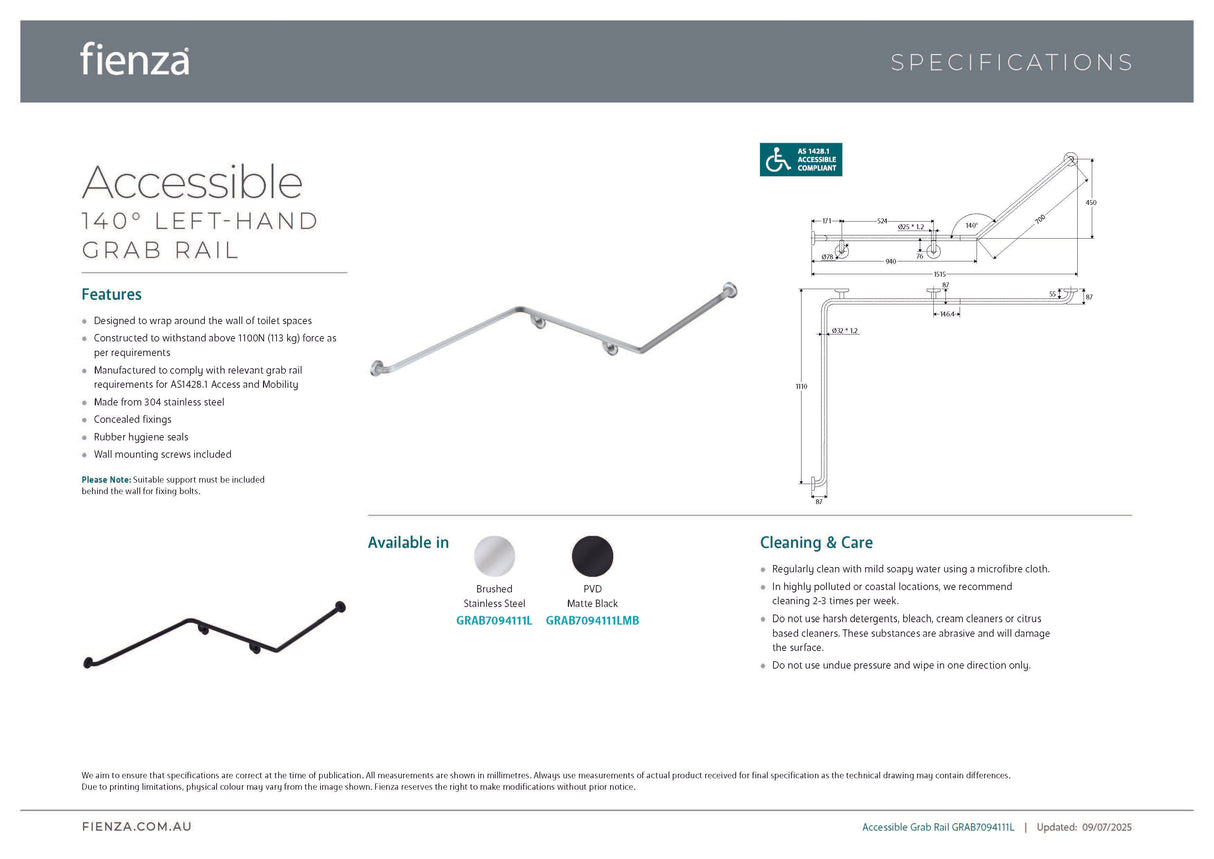 Fienza GRAB7094111LMB 140° Accessible Left-Hand Grab Rail, Matte Black