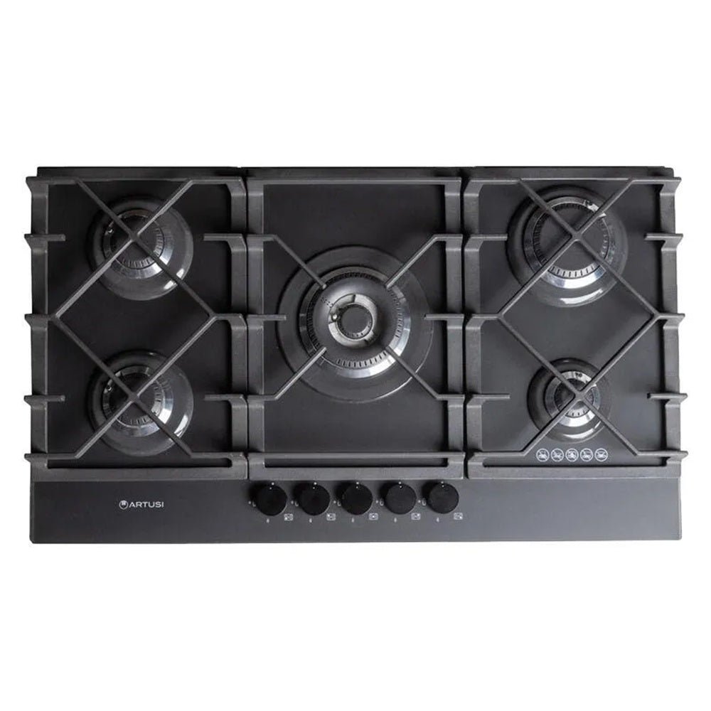 Artusi AGH9500NB 90cm Built-In Gas Cooktop, Black Glass
