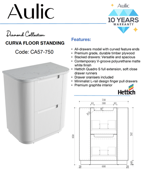 Aulic 750mm Curva Floorstanding Vanity with Solid Surface Top Palis Top CA57-750-ST66FT Vanity Units