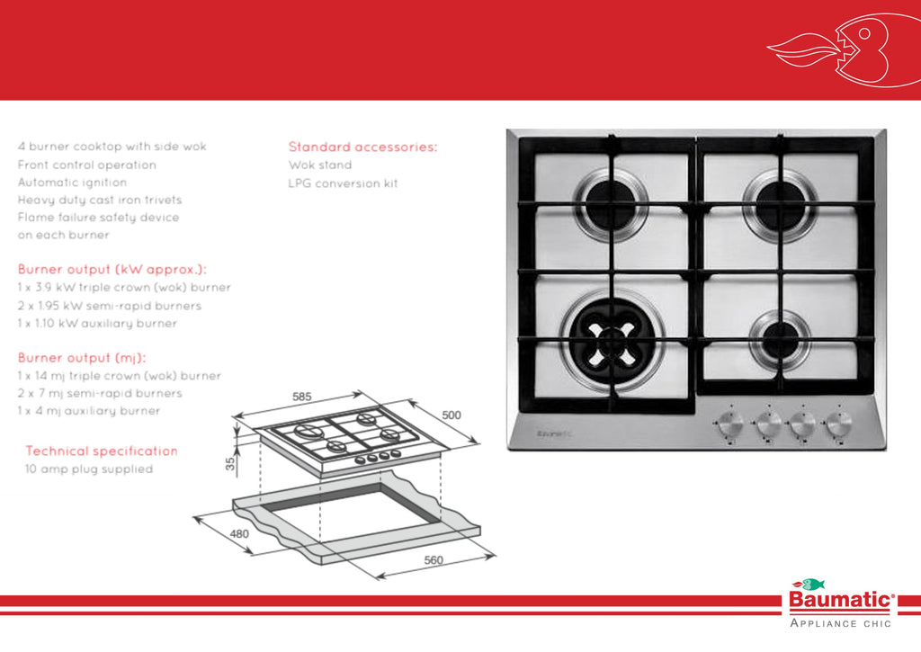 Baumatic BACG6030P 60cm Stainless Steel Gas Cooktop Clearance Disco