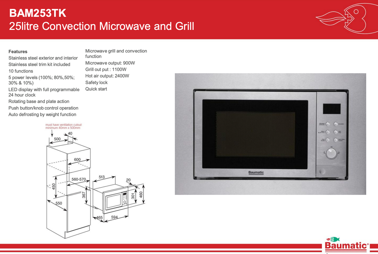 Baumatic BAM253TK Built in Convection Microwave and Grill - Ex Display Discount