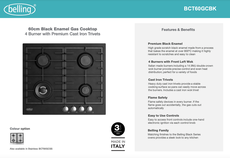 Belling BCT60GCBK 60cm Black Enamel Gas Cooktop - Clearance Discount