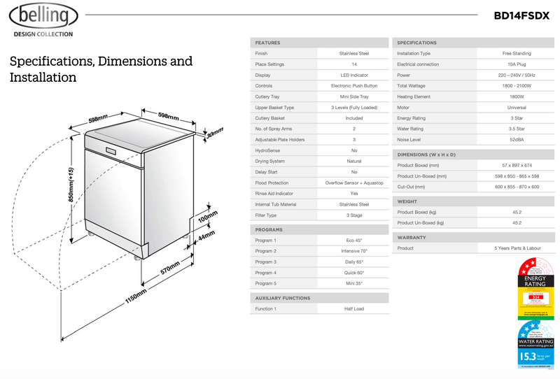 Belling BD14FSDX 14 Place European Made Stainless Steel Dishwasher - Clearance Discount