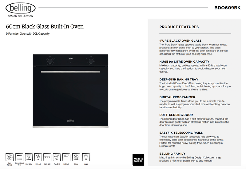 Belling BDO609BK 60cm Multifunction Black Glass Electric Oven - Ex Display Discount