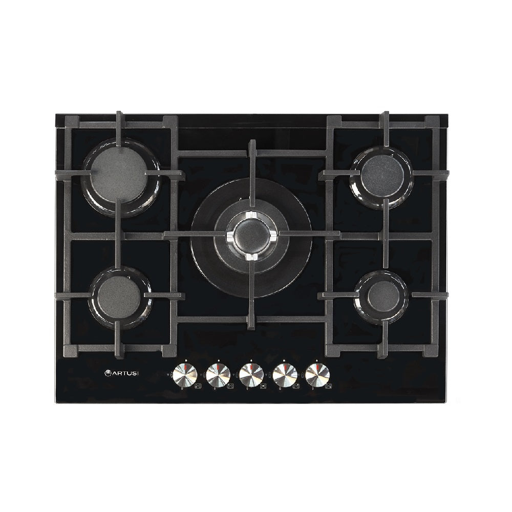 Artusi CAGH7000B 70cm 5 Burner Gas Cooktop, Black Glass