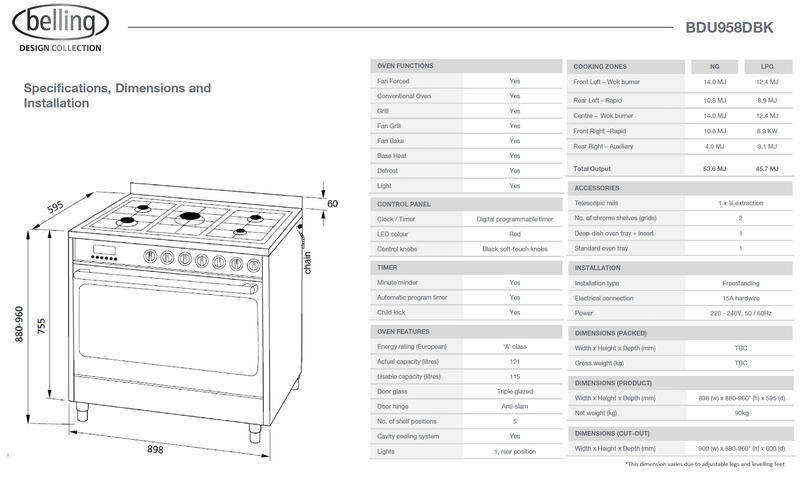 Belling BDU958DBK 90cm Dual Fuel Upright Cooker, Black