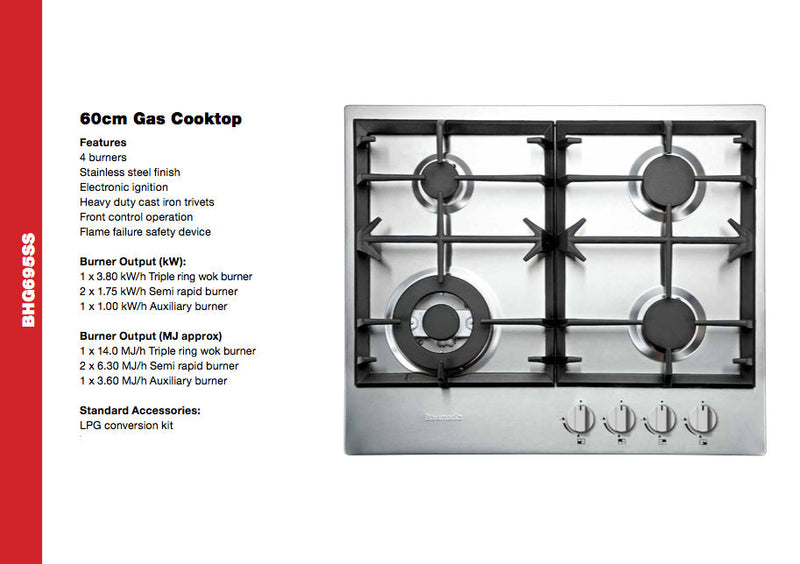 Baumatic BHG695SS Italian Made 4 Burner Stainless Steel Gas Cooktop