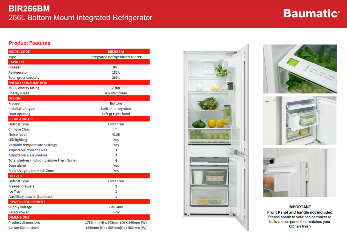 Baumatic BIR266BM 266L Bottom Mount Integrated Refrigerator