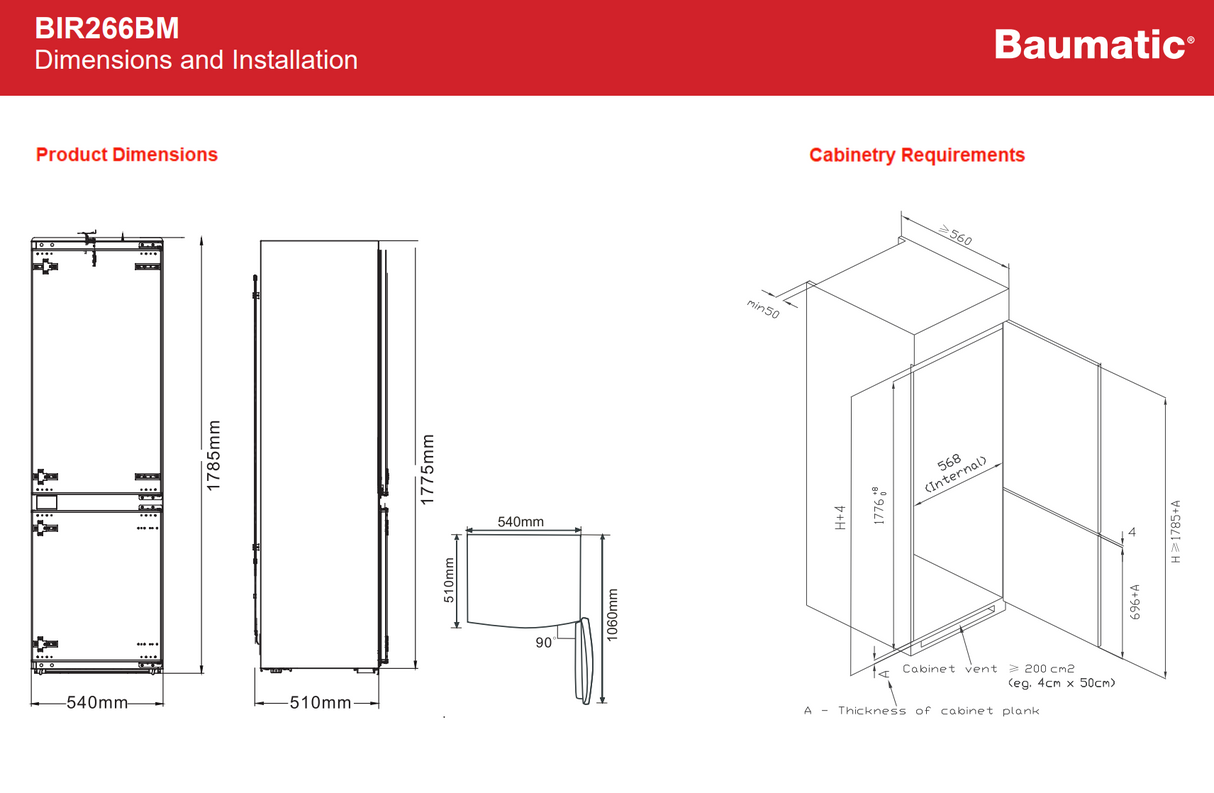 Baumatic BIR266BM 266L Bottom Mount Integrated Refrigerator