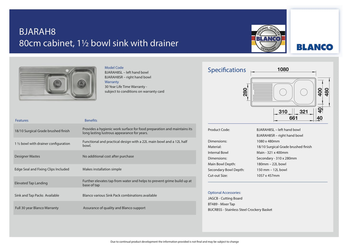 Blanco BJARAH8SLK5 1 and 3/4 Bowl Kitchen Sink