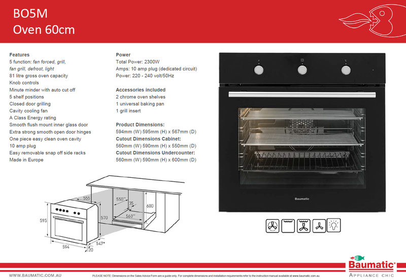 Baumatic BO5M Black Glass Electric Oven - 10amp Plug Connection