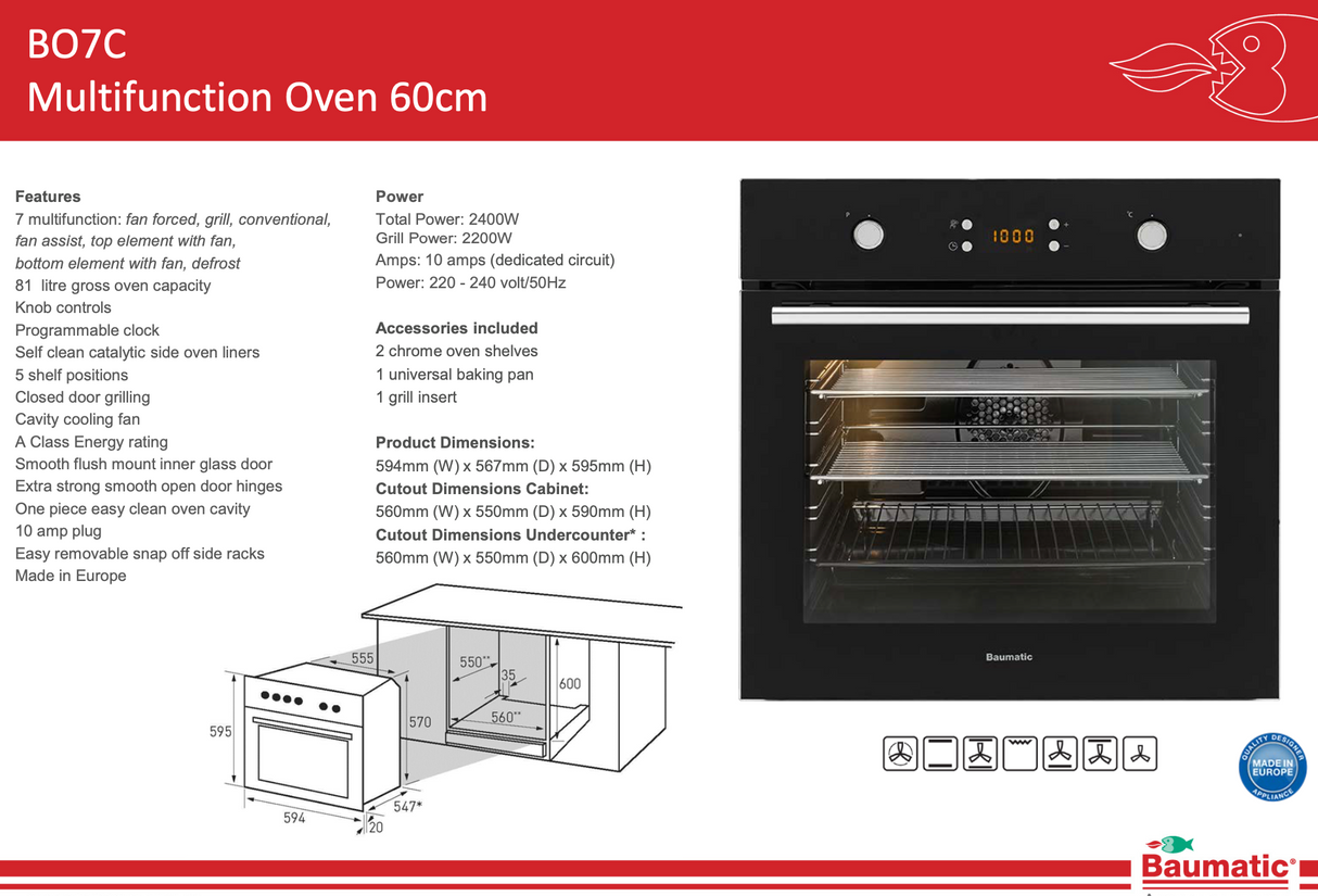 Baumatic BO7C European Made Black Glass Electric Oven - 10amp Plug Connection