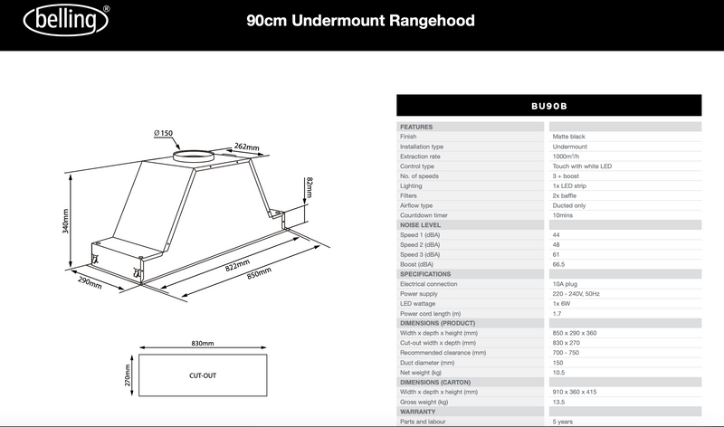 Belling BU90B 90cm Black and Steel Undermount Rangehood