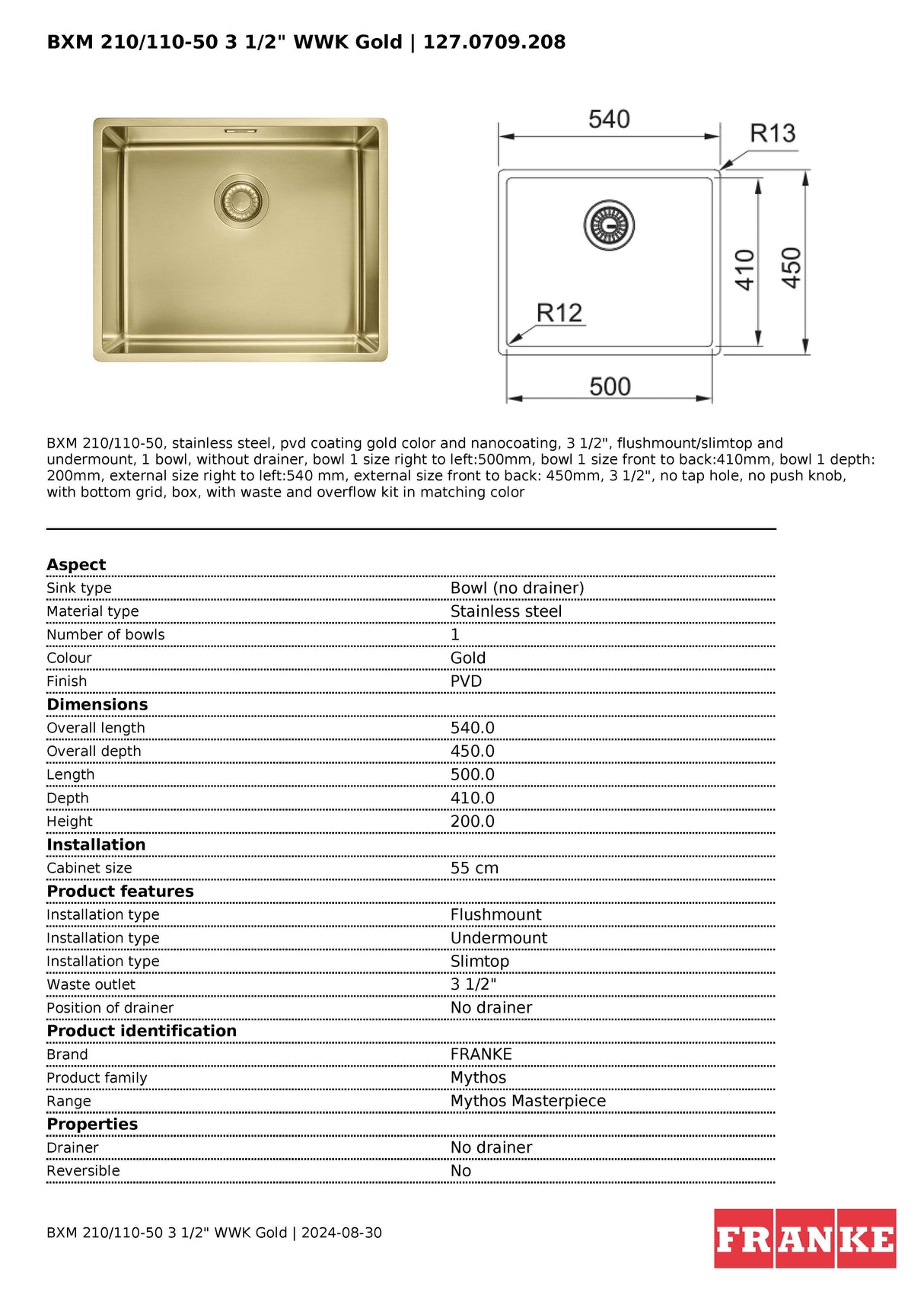 Franke Mythos Masterpiece Single Bowl Sink 540mm Gold, BXM210-50GD
