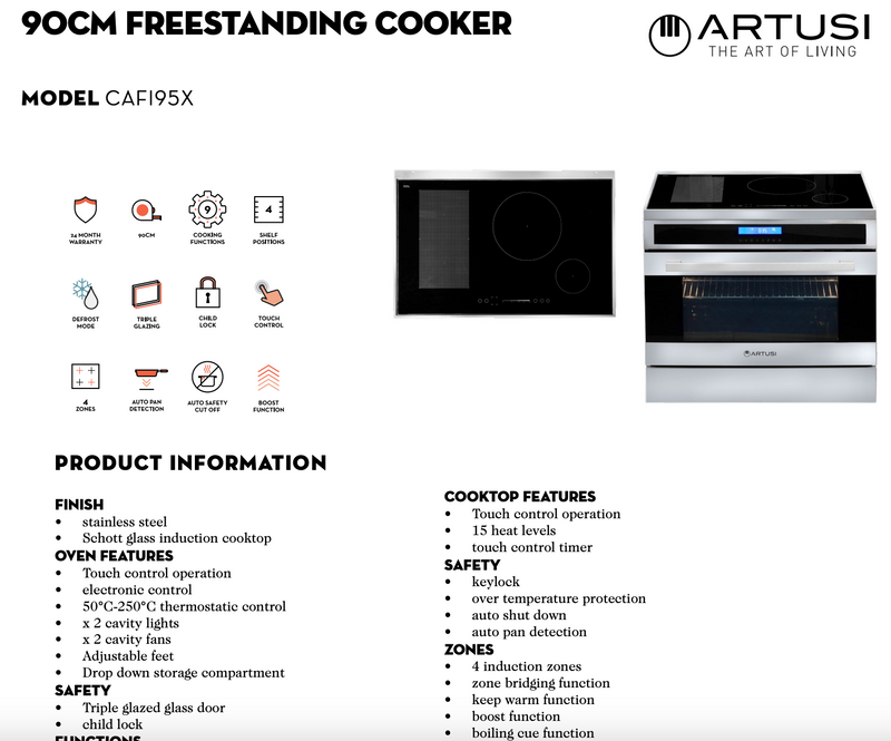 Artusi CAFI95X 90cm Induction Freestanding Stove, Stainless Steel