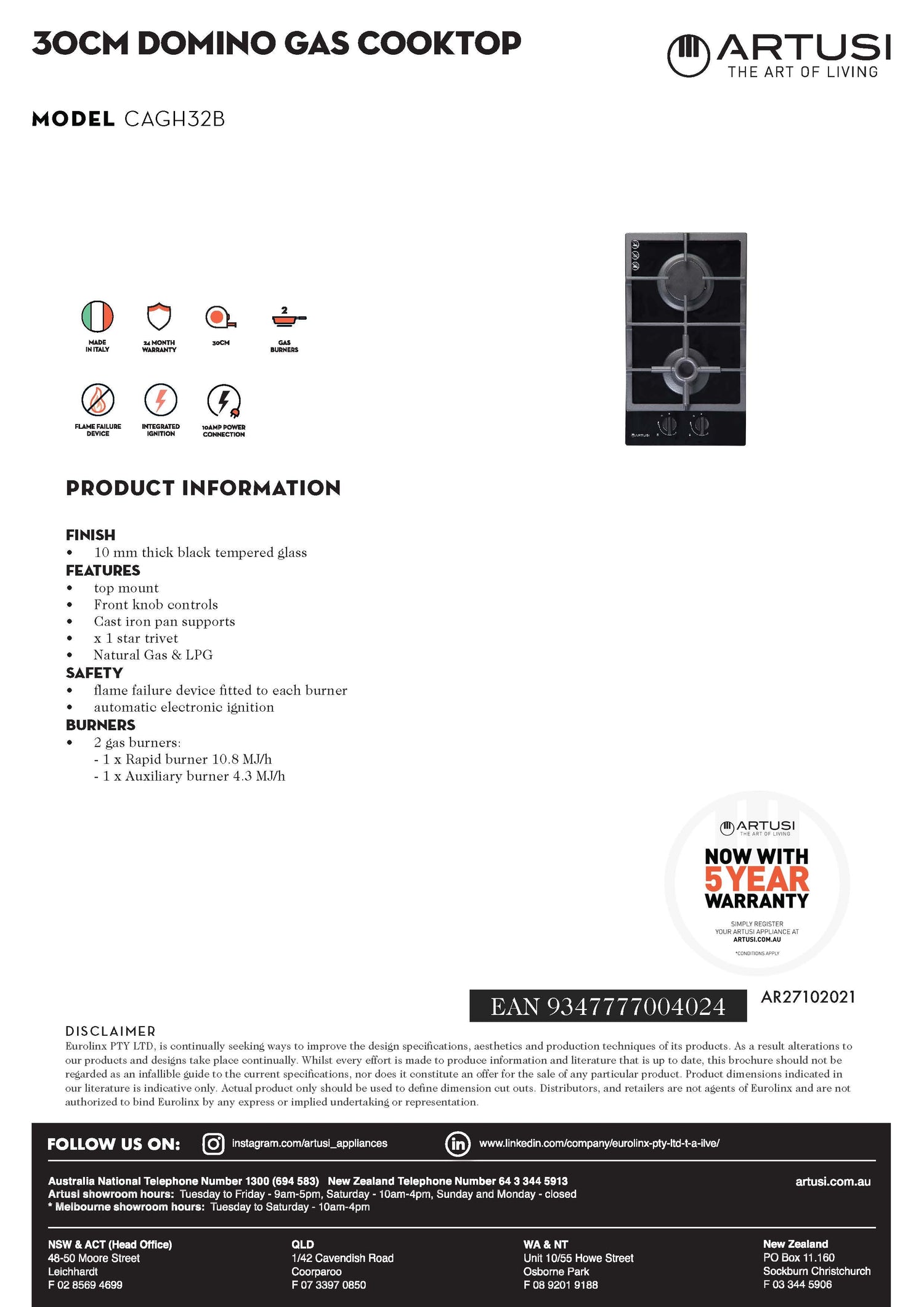 Artusi CAGH32B 30cm Black Finish Gas Cooktop