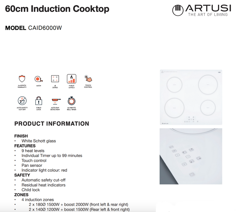 Artusi CAID6000W 60cm 4 Zone Induction Cooktop, White