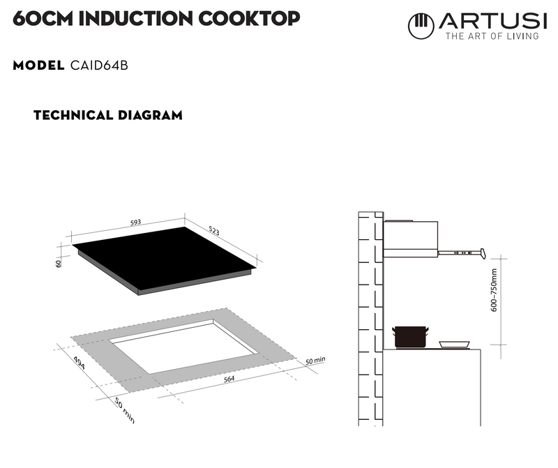 Artusi CAID646B 60cm 4 Zone Induction Cooktop w/ Boost, Black