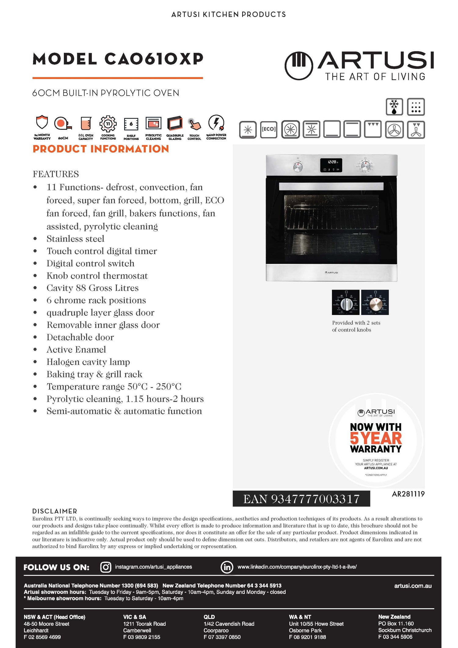 Artusi CAO610XP 60cm Built-in Pyrolytic Oven