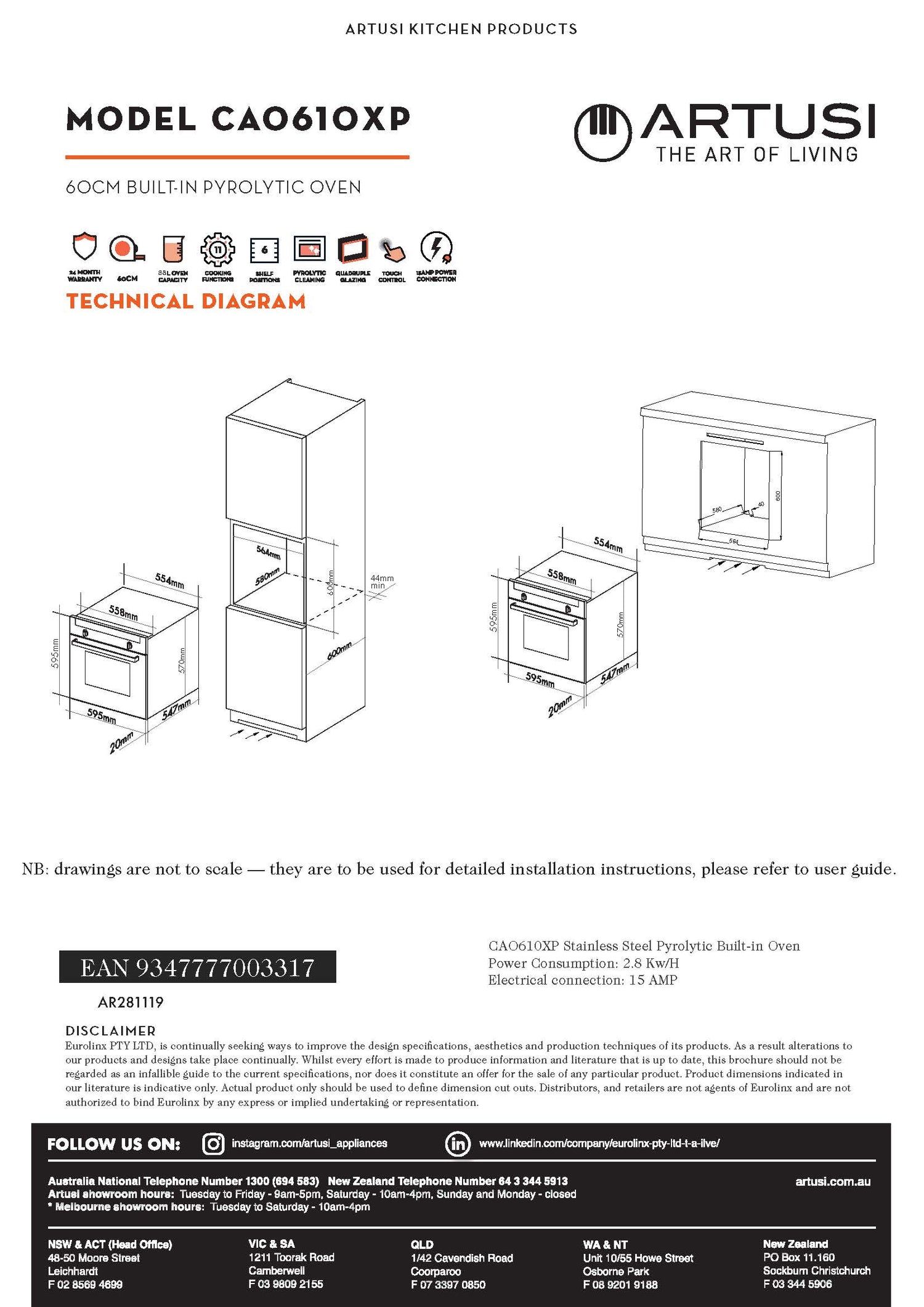 Artusi CAO610XP 60cm Built-in Pyrolytic Oven