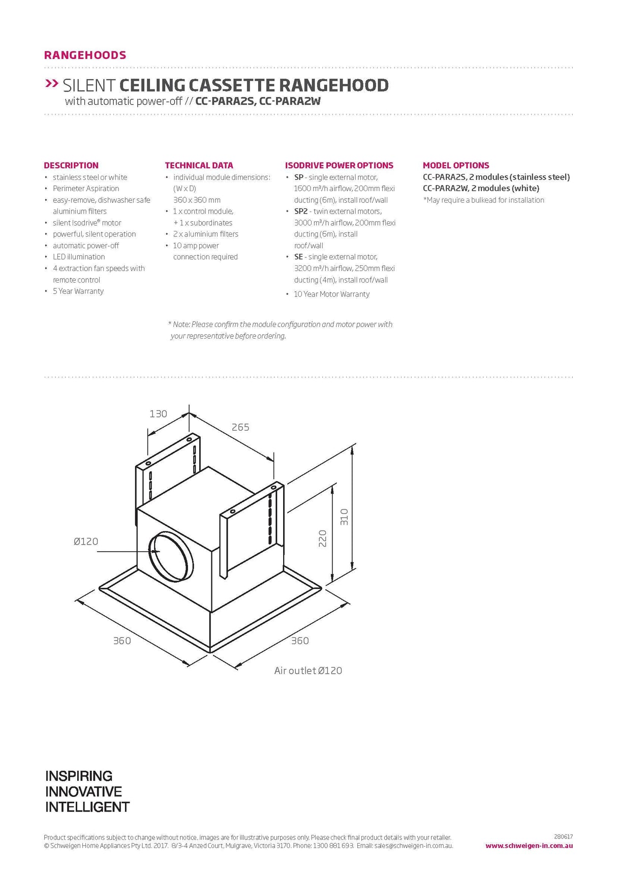 Schweigen CC-PARA2WSE Modular Ceiling Cassette Rangehood x2 with 3200M3/Hr Motor, Stainless Steel