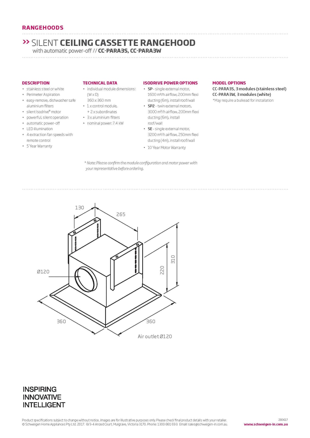 Schweigen CC-PARA3WSE Modular Ceiling Cassette Rangehood x3 with 3200M3/Hr Motor, Stainless Steel