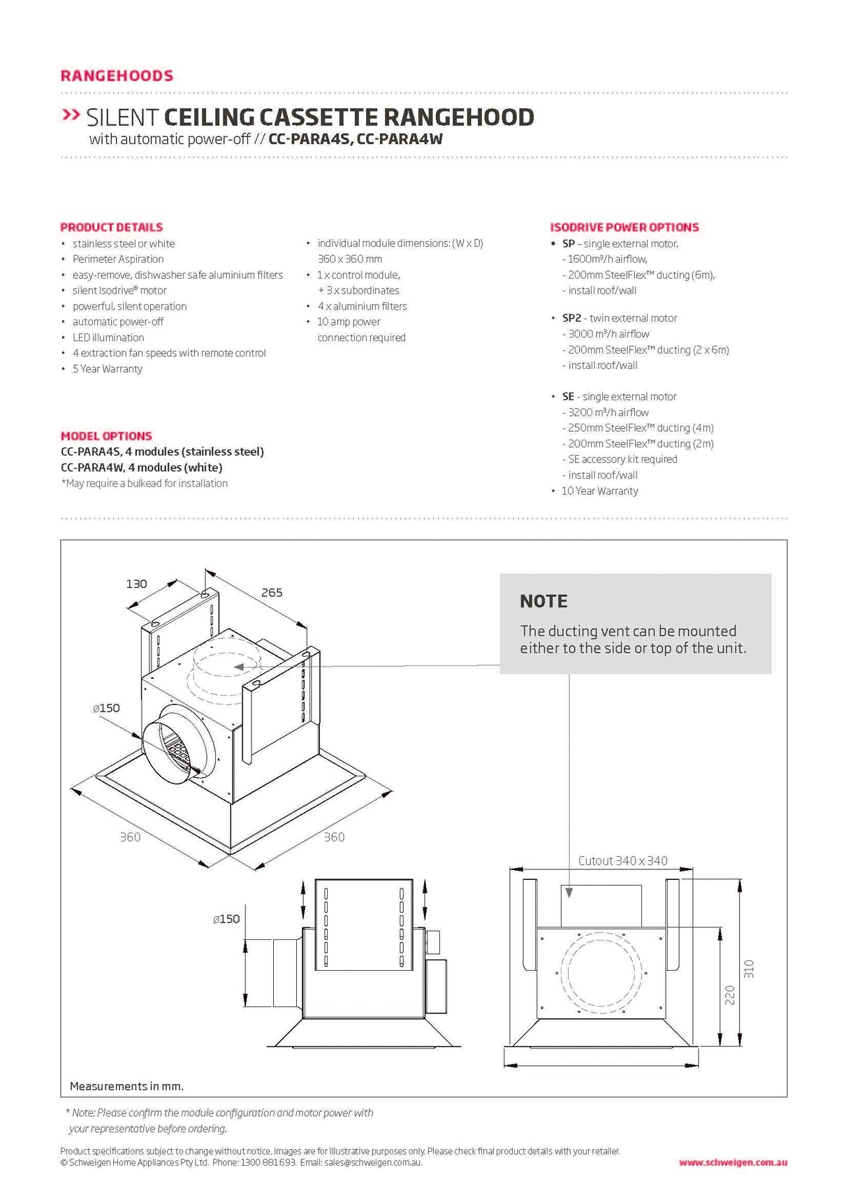 Schweigen CC-PARA4WSP2 Modular Ceiling Cassette Rangehood x4 with 3000M3/Hr Motor, Stainless Steel