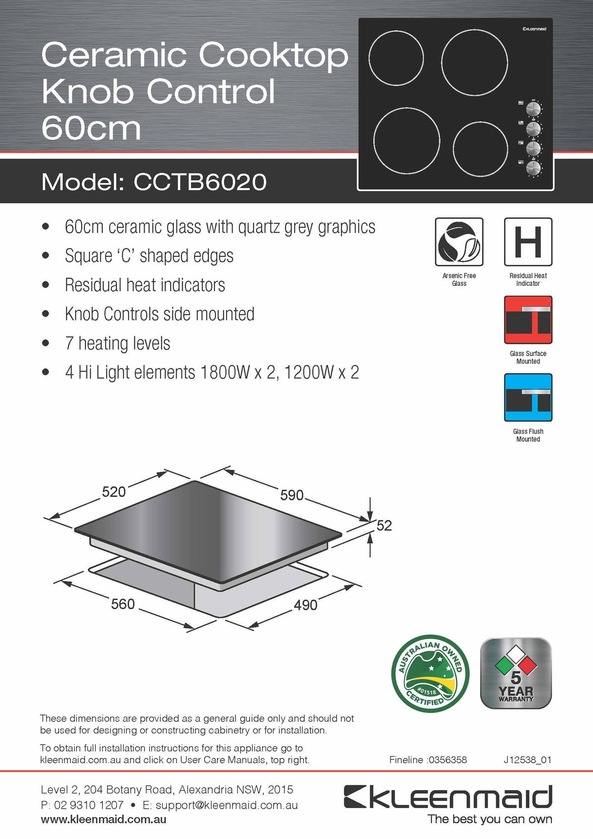 Kleenmaid CCTB6020 60cm Knob Control Ceramic Cooktop