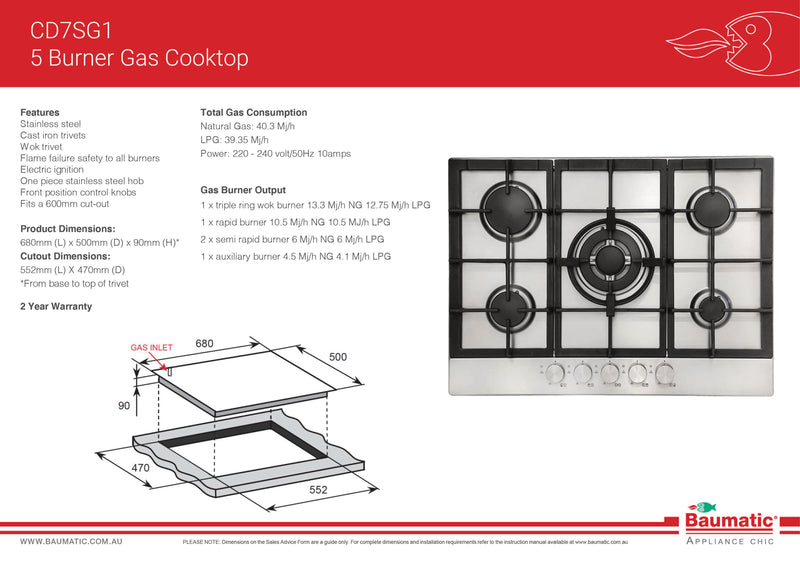 Baumatic CD7SG1 70cm Stainless Steel 5 Burner Gas Cooktop