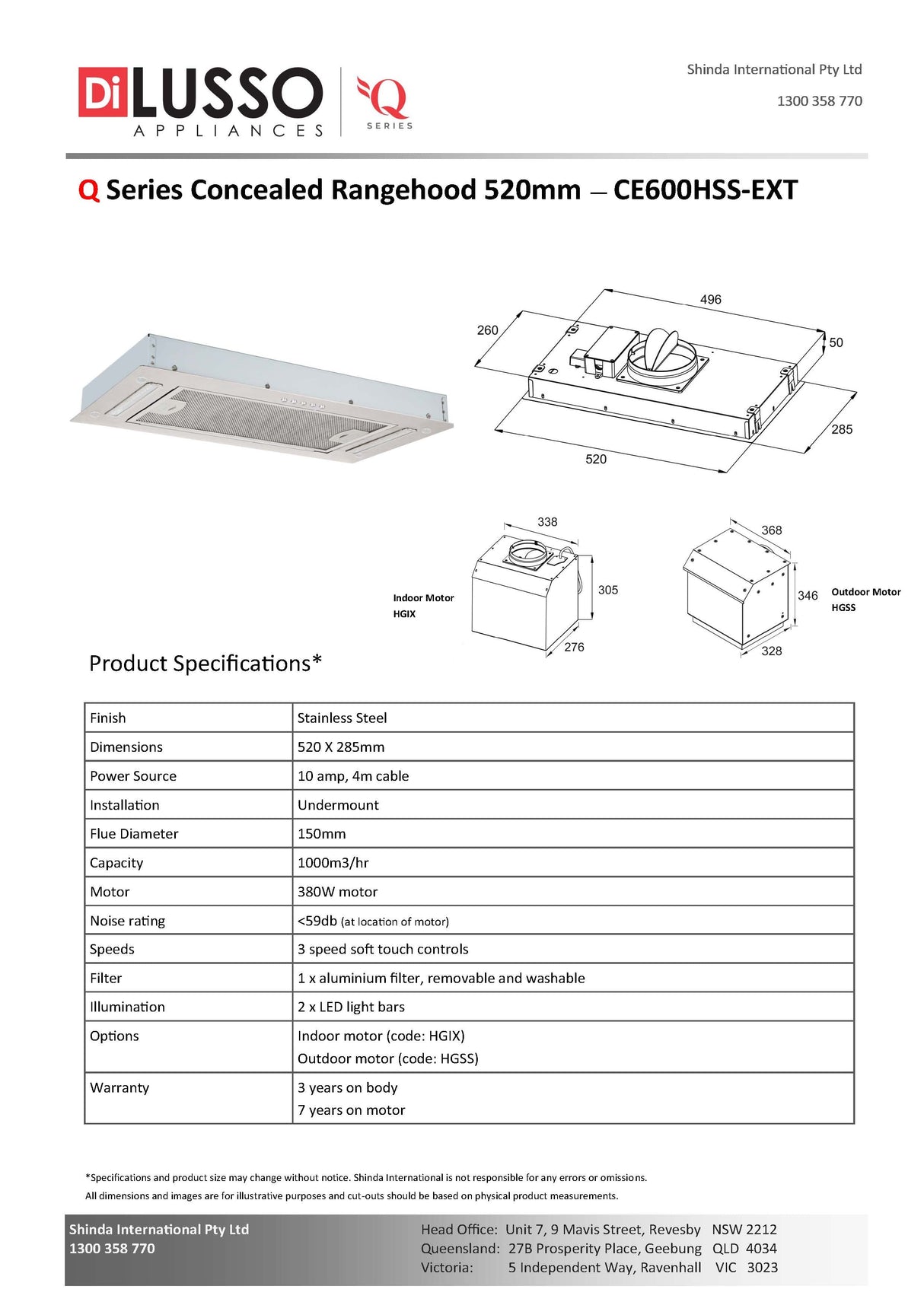 Q SERIES CE600HSS-EXTHGIX 60cm Silent Undermount Rangehood, Indoor Motor