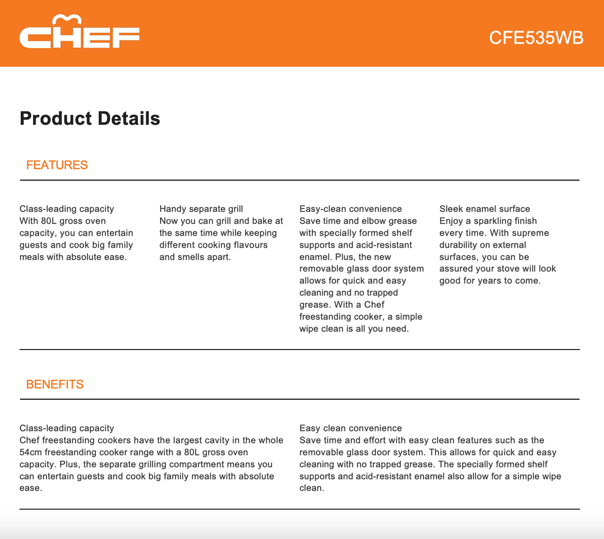 Chef CFE535WB 54cm Freestanding Conventional Electric Oven/Stove - Seconds Discount