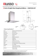 Q SERIES CH607GSS-EXTHGIX 60cm Flat Glass Silent Canopy Rangehood, Indoor Motor