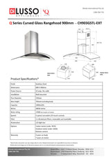 Q SERIES CH903GSTL-EXTHGIX 90cm Curved Glass Silent Canopy Rangehood, Indoor Motor