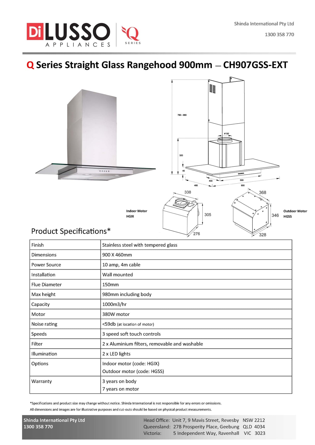 Q SERIES CH907GSS-EXTHGIX 90cm Flat Glass Silent Canopy Rangehood, Indoor Motor