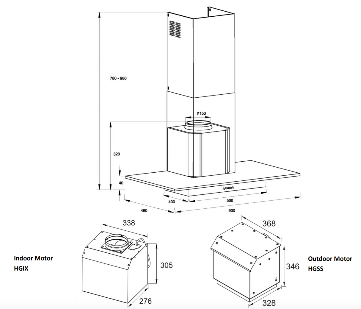 Q SERIES CH907GSS-EXTHGIX 90cm Flat Glass Silent Canopy Rangehood, Indoor Motor