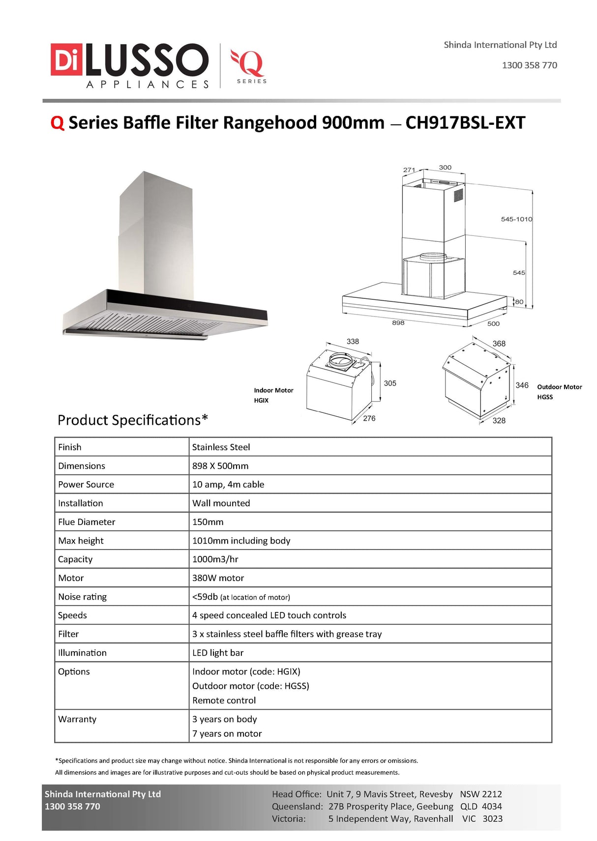 Q SERIES CH917BSL-EXTHGIX 90cm Black Glass Silent Canopy Rangehood, Indoor Motor