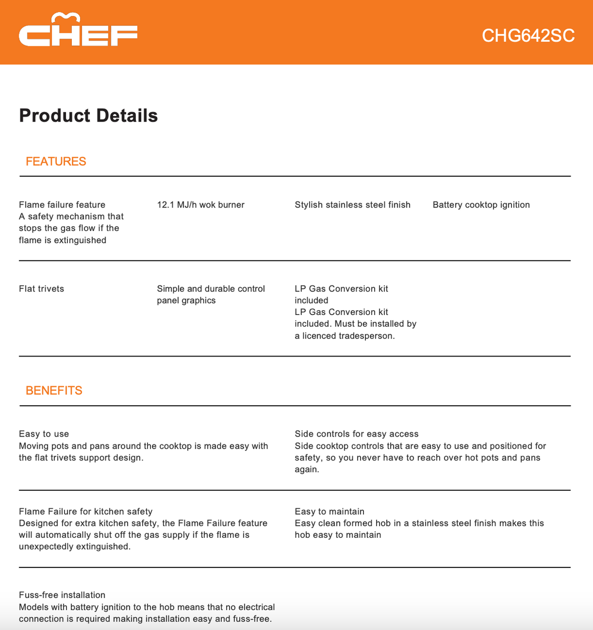 Chef CHG642SC 60cm Natural Gas Battery Ignition Cooktop - Chef Factory Seconds