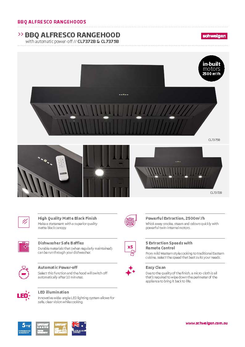 Schweigen CL7372B 120cm Non Silent BBQ Canopy, Twin Motor, 2500m3/hr, Black