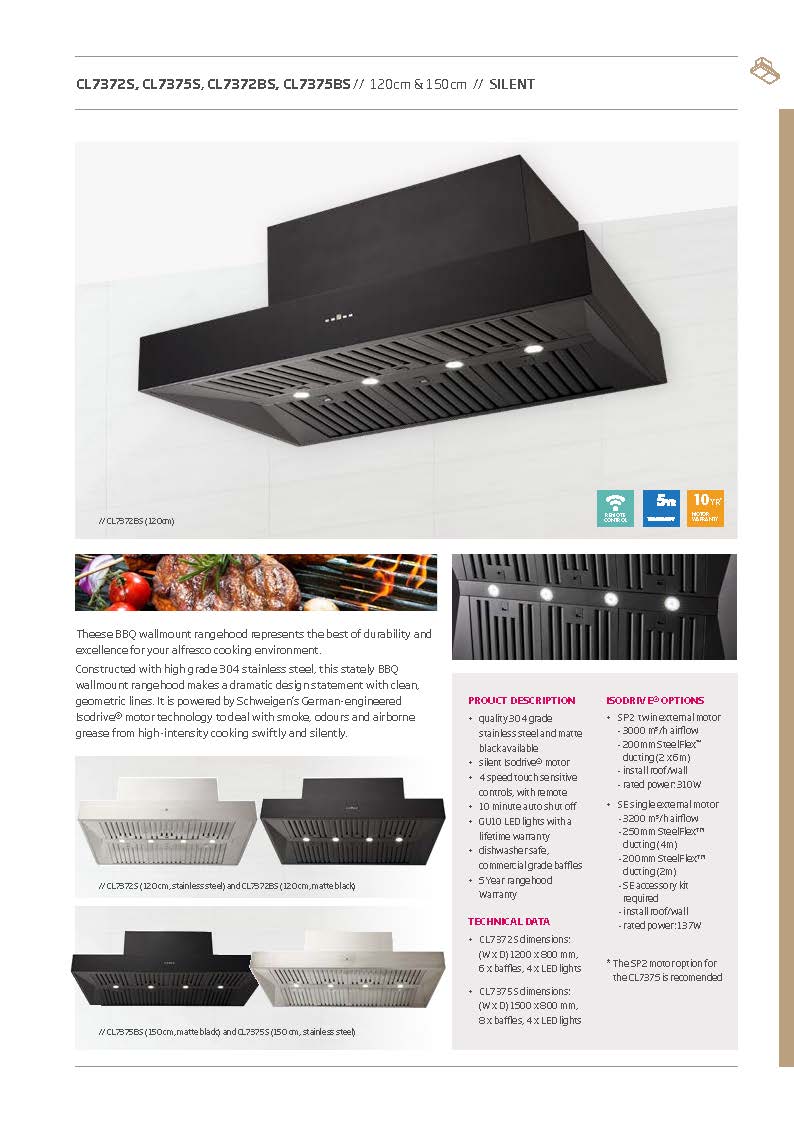 Schweigen CL7375BSE2 150cm Silent BBQ Canopy, Twin Motor, 5000m3/hr, Black