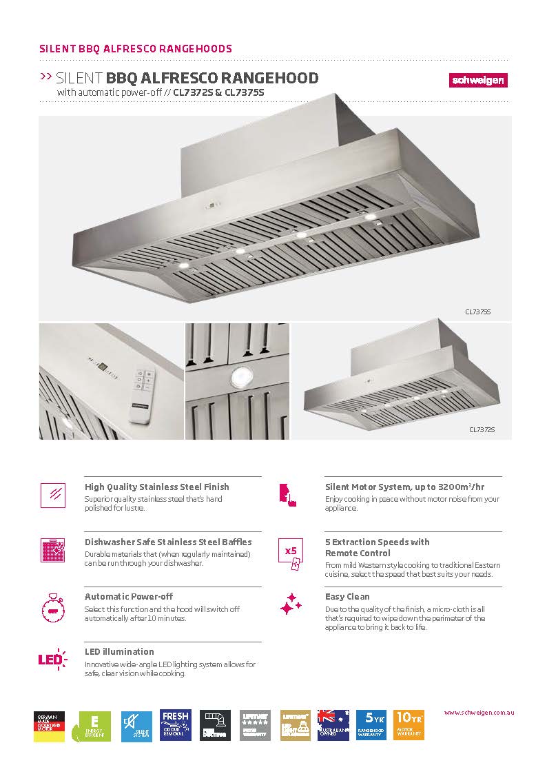 Schweigen CL7375SP2 150cm Silent BBQ Canopy, Twin Motors, 3000m3/hr, Stainless Steel