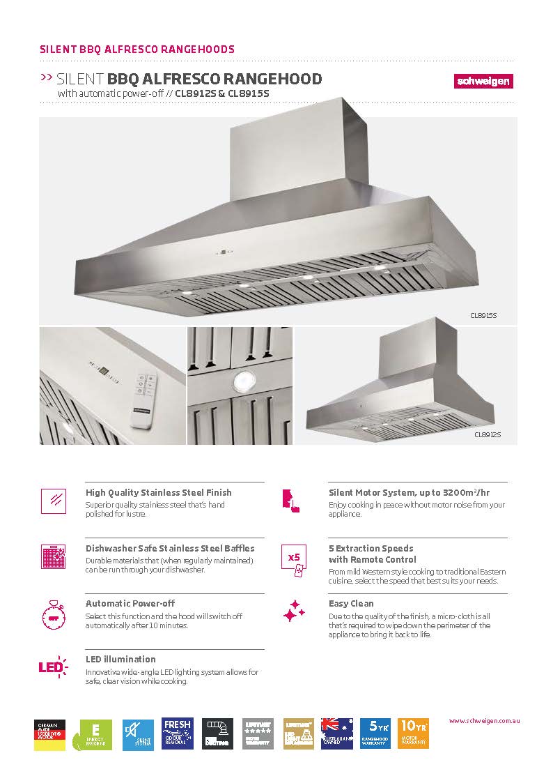 Schweigen CL8912SP2 120cm Silent BBQ Canopy, Twin Motor, 3000m3/hr, Stainless Steel