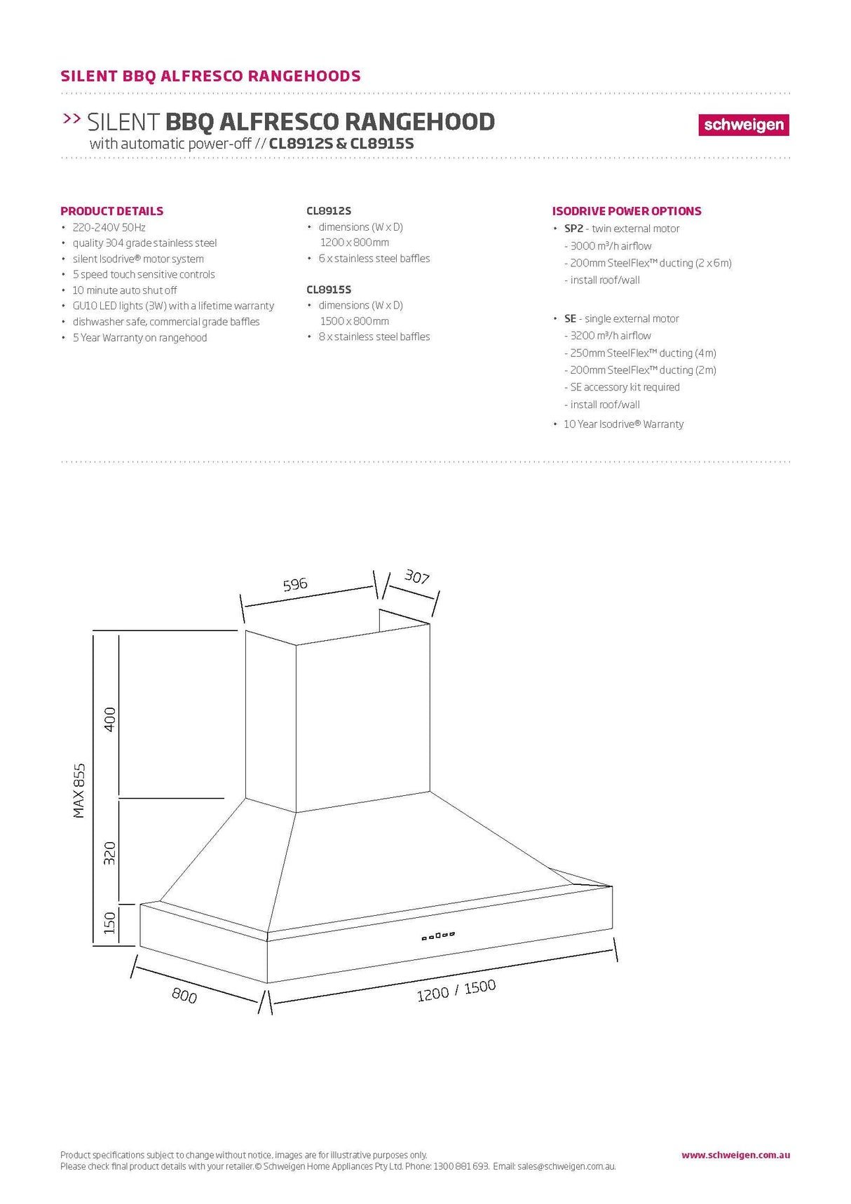 Schweigen CL8912SP2 120cm Silent BBQ Canopy, Twin Motor, 3000m3/hr, Stainless Steel