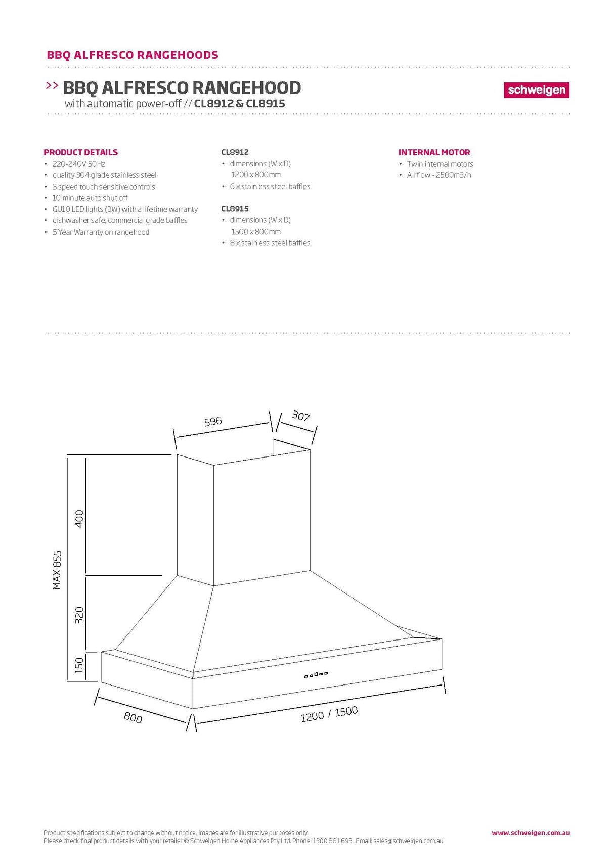 Schweigen CL8912 120cm Non Silent BBQ Canopy, Twin Motor, 2500m3/hr, Stainless Steel