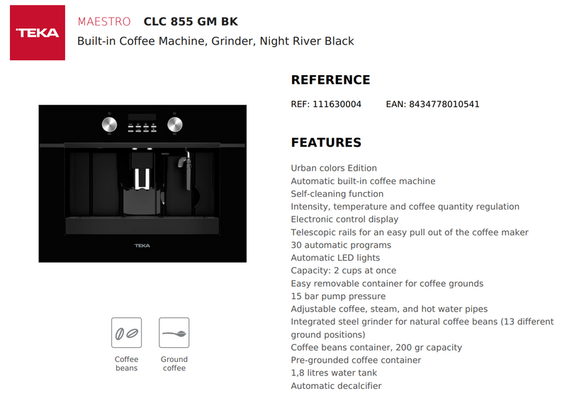 Teka CLC 855 GM BK Built-in Coffee Machine, Grinder - Special Order