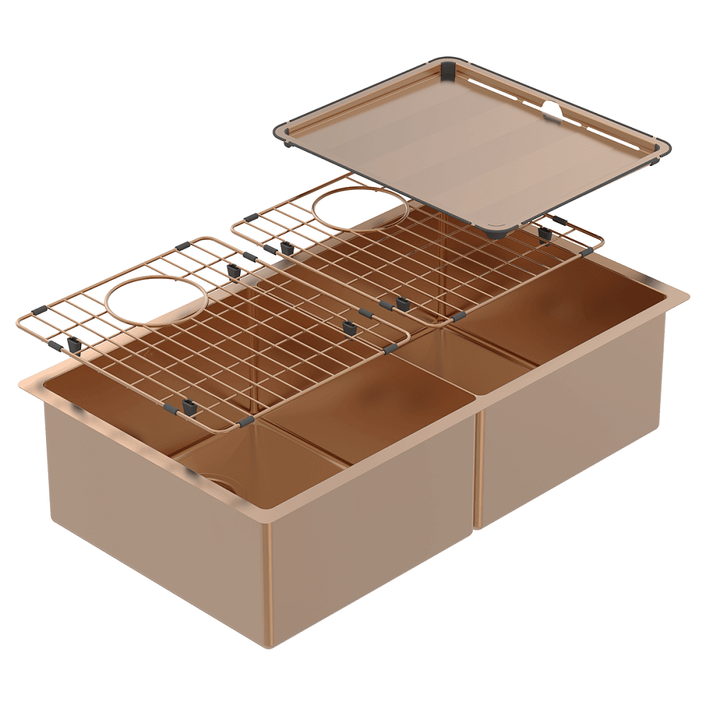 Abey Piazza Double Bowl Sink, 758x445mm, Topmount/Undermount, (Inc. Tray & Grid), Artisan Copper, CR340DCO