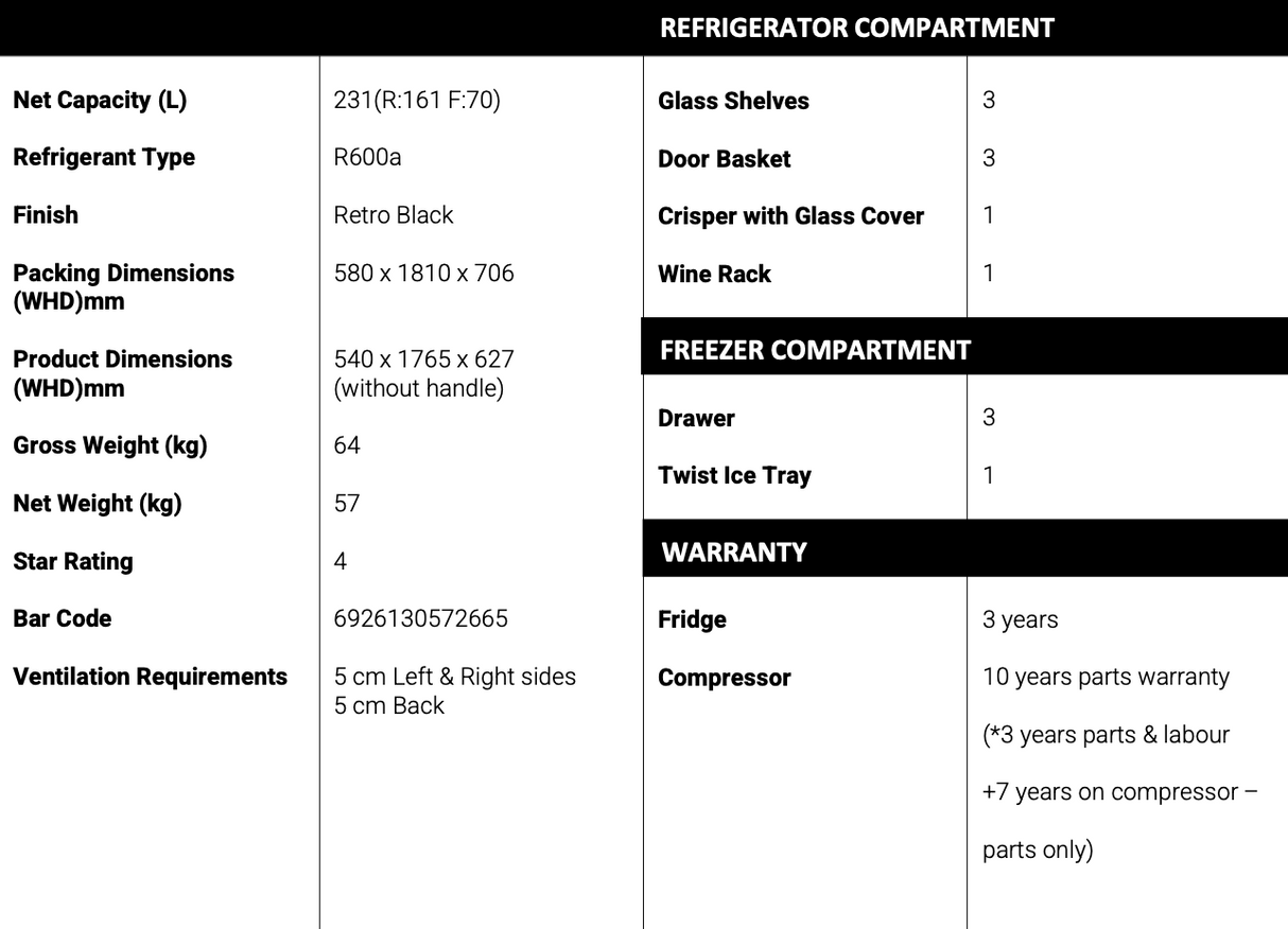 Chiq Crbm229Nb 231L Bottom Mount Retro Fridge - Black Fridges