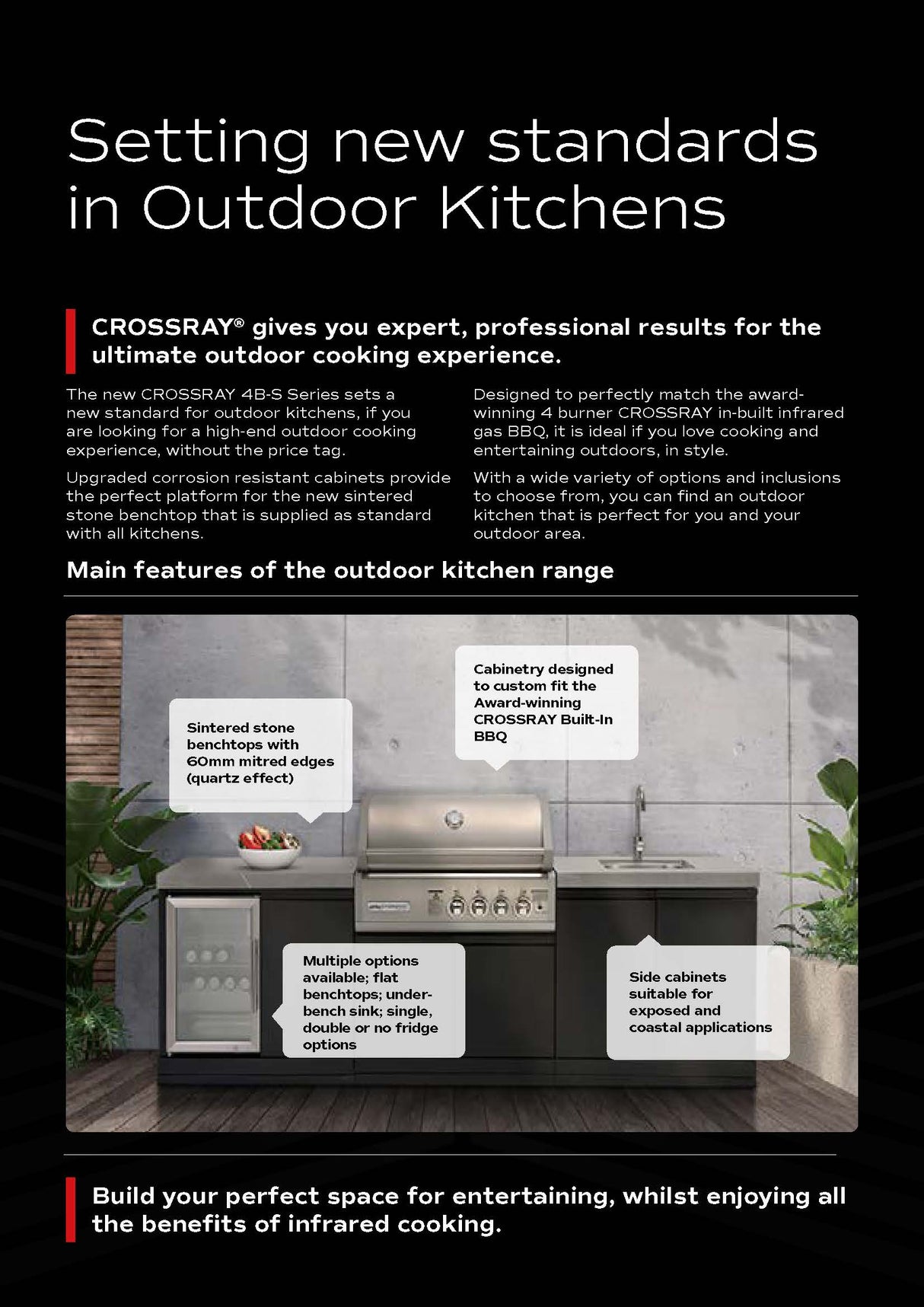 Crossray TC4K-09 Four Burner Gas BBQ Outdoor Kitchen with Double Drinks Fridge, Grey Top